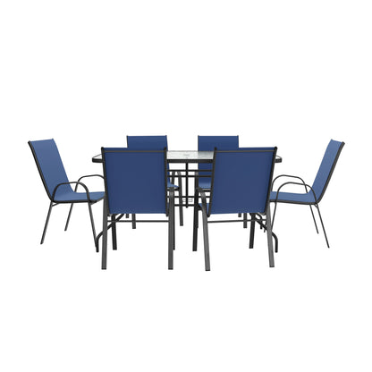 Flash Furniture 7 Piece Outdoor Patio Dining Set - 55" Tempered Glass Patio Table with Umbrella Hole, 6 Navy Flex Comfort Stack Chairs