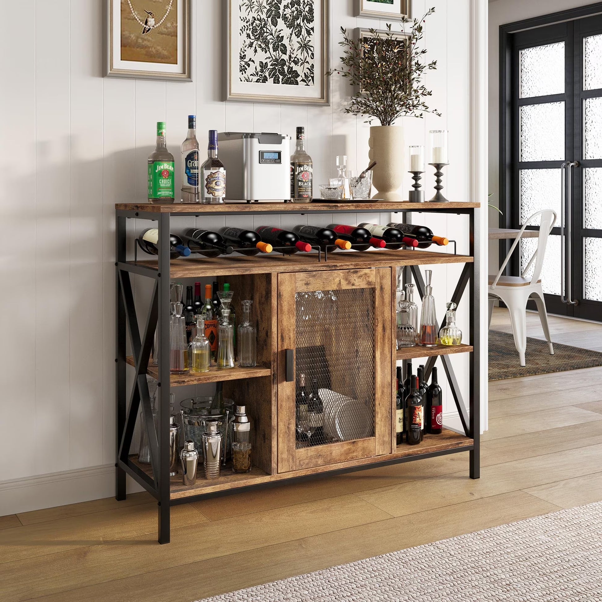 Vividwood Wine Bar Cabinet with Storage, Industrial Liquor Cabinet with Wine Rack & Glass Holder, Small Wood Metal Cart Bar Alcohol Table Sideboard Buffet for Home Kitchen Living Room, Oak