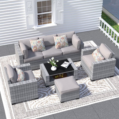 SHGJ& SOFT 7 Piece Patio Furniture Set, Wicker Outdoor Sectional Sofa with Washable Cushion Covers and Tempered Glass Table, Rattan Conversation Set for Poolside, Lawn, Balcony
