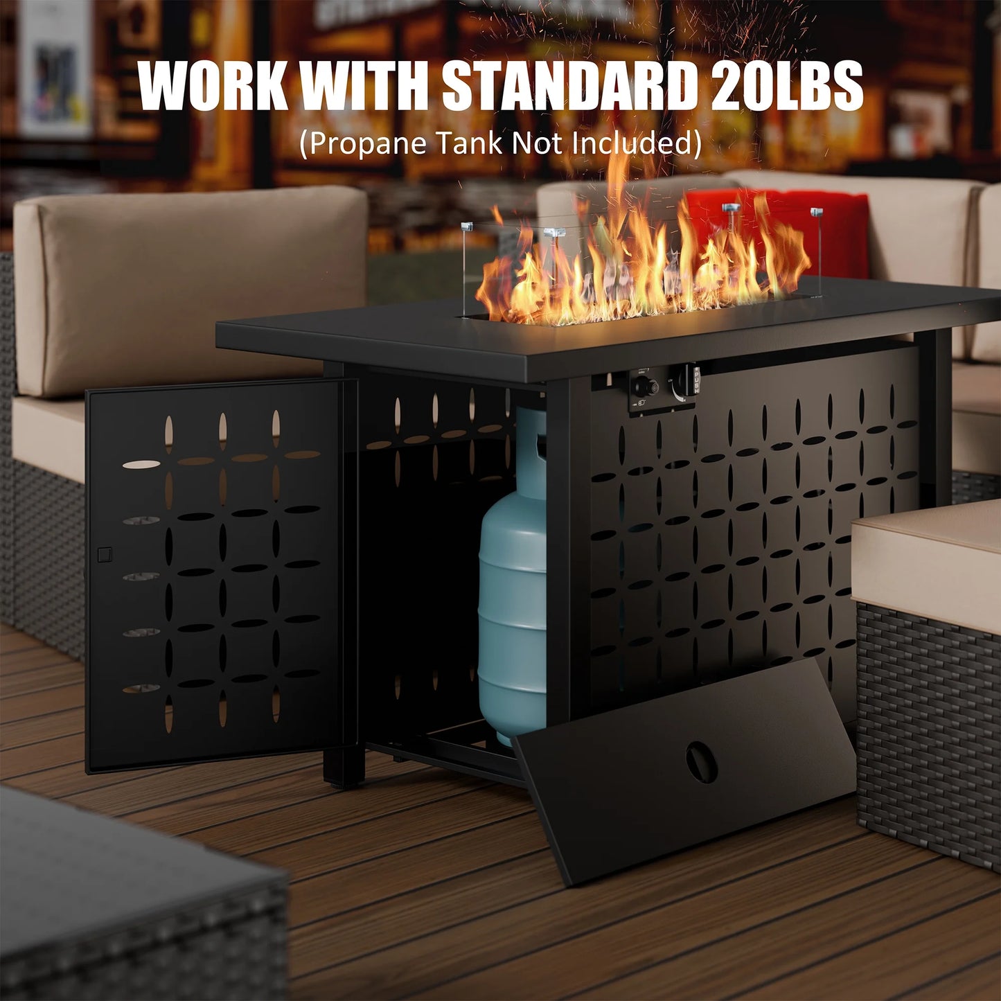 Walsunny 43 Inch Gas Fire Pit Table 40,000 BTU Outdoor Rectangular Propane Firepit Table with Glass Wind Guard and Waterproof Cover