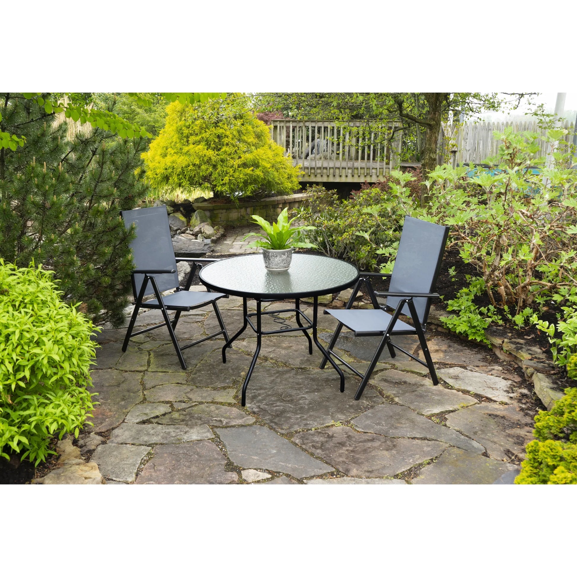 Garden Elements Outdoor Round Patio Dining Table, Steel Base and Rim with Waterwave Glass Top, Black, 40"