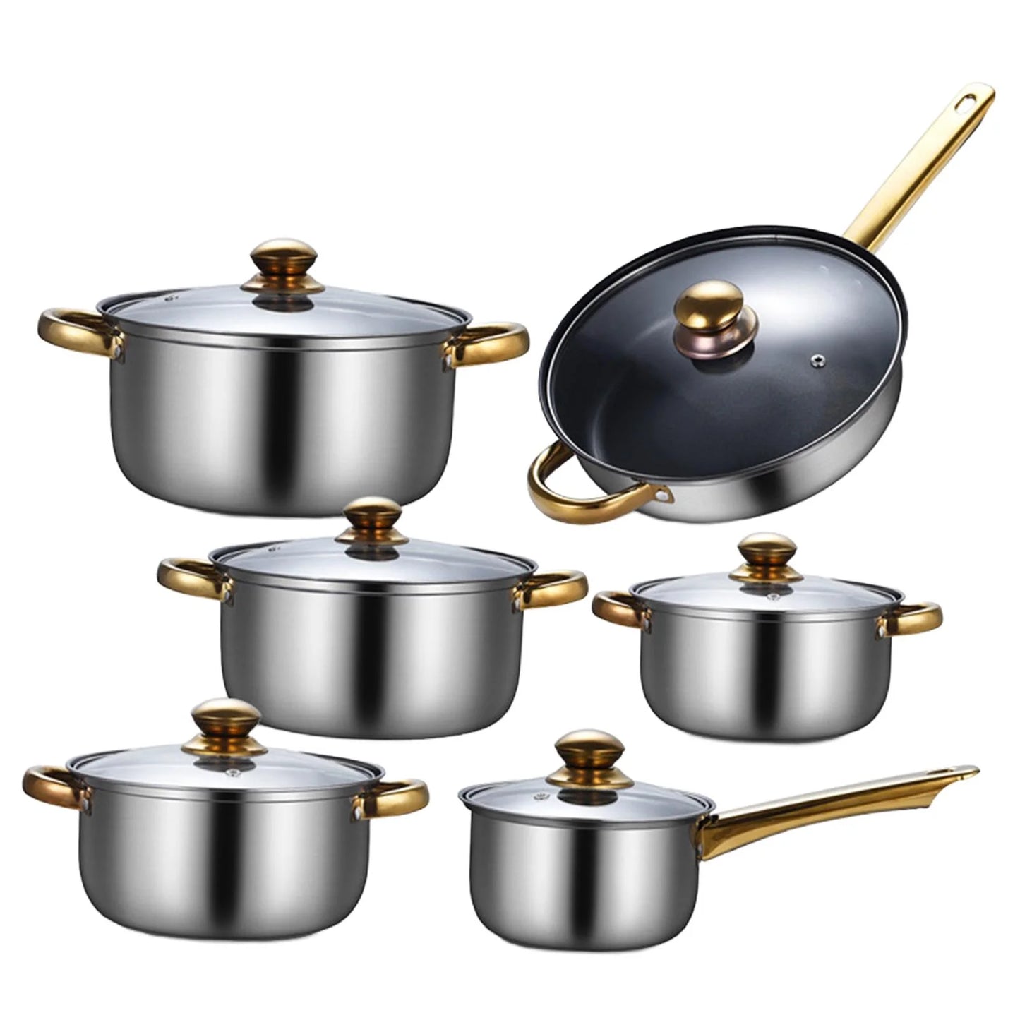 kowaku 6 Pieces Cookware Set Kitchen Cooking Set with Glass Lid, Soup Pot, Frying Pan Pots and Pans Set Stainless Steel for Kitchen Pans with soup pot
