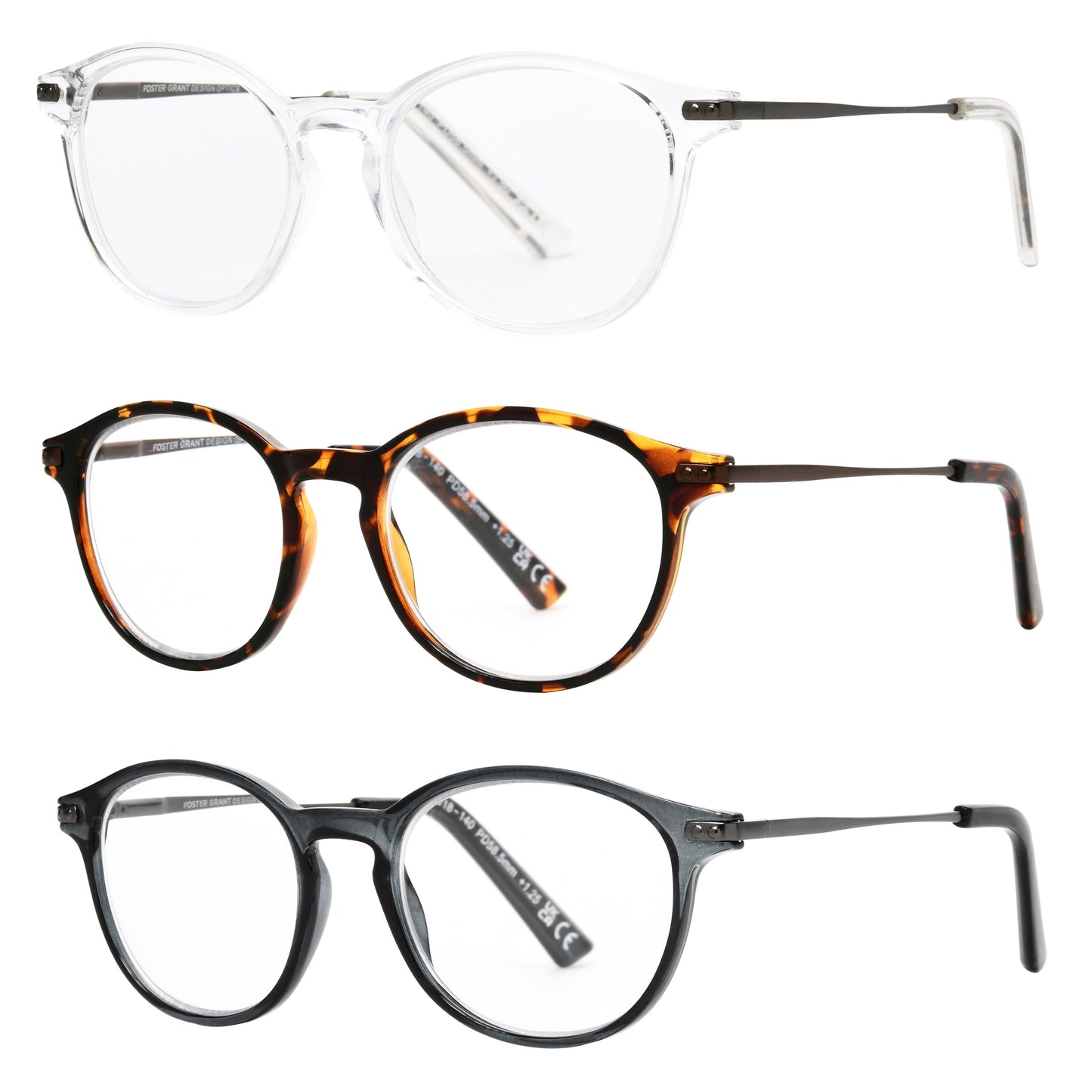 Design Optics by Foster Grant #809 Classic Plastic Round Reading Glasses, 3-pack