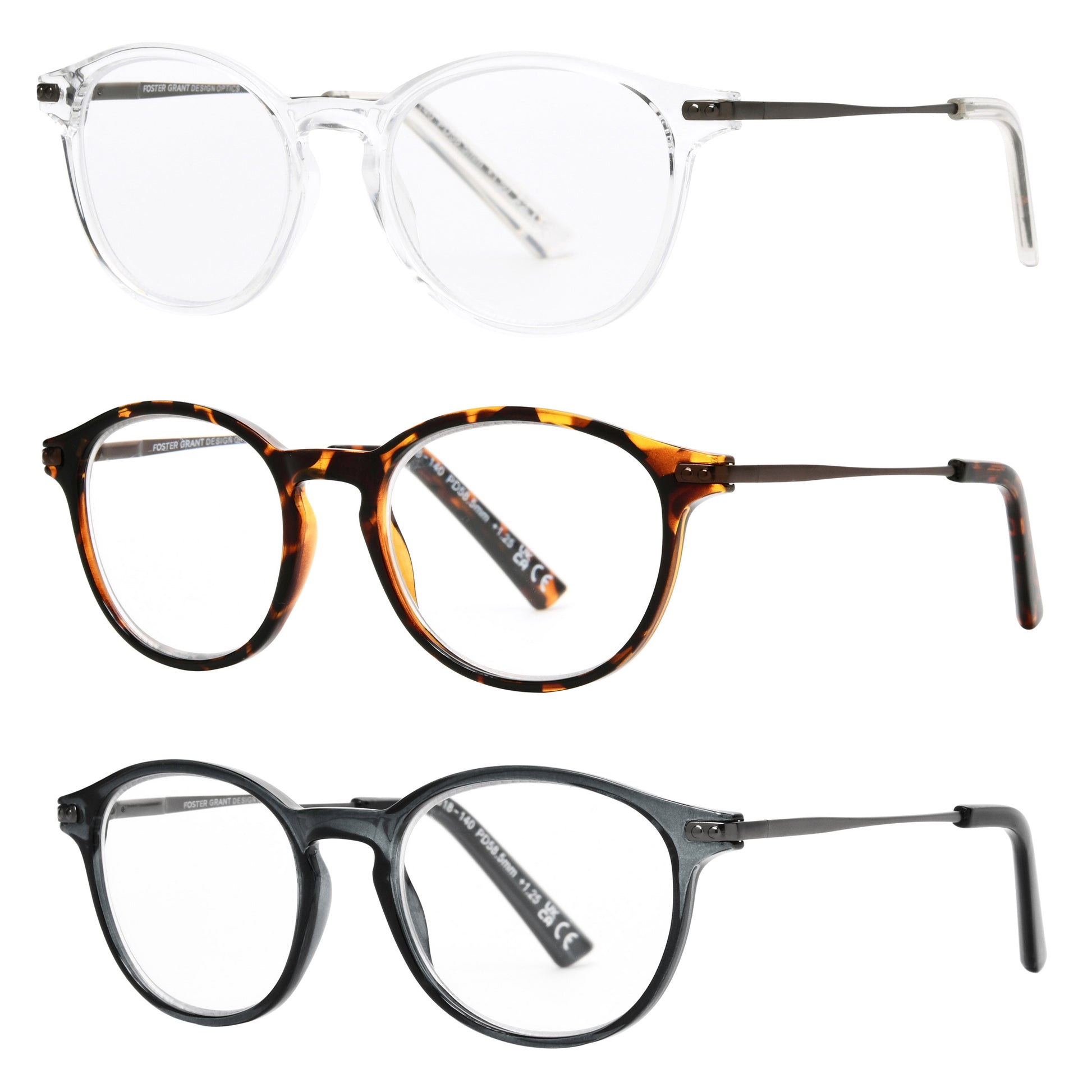 Design Optics by Foster Grant #809 Classic Plastic Round Reading Glasses, 3-pack