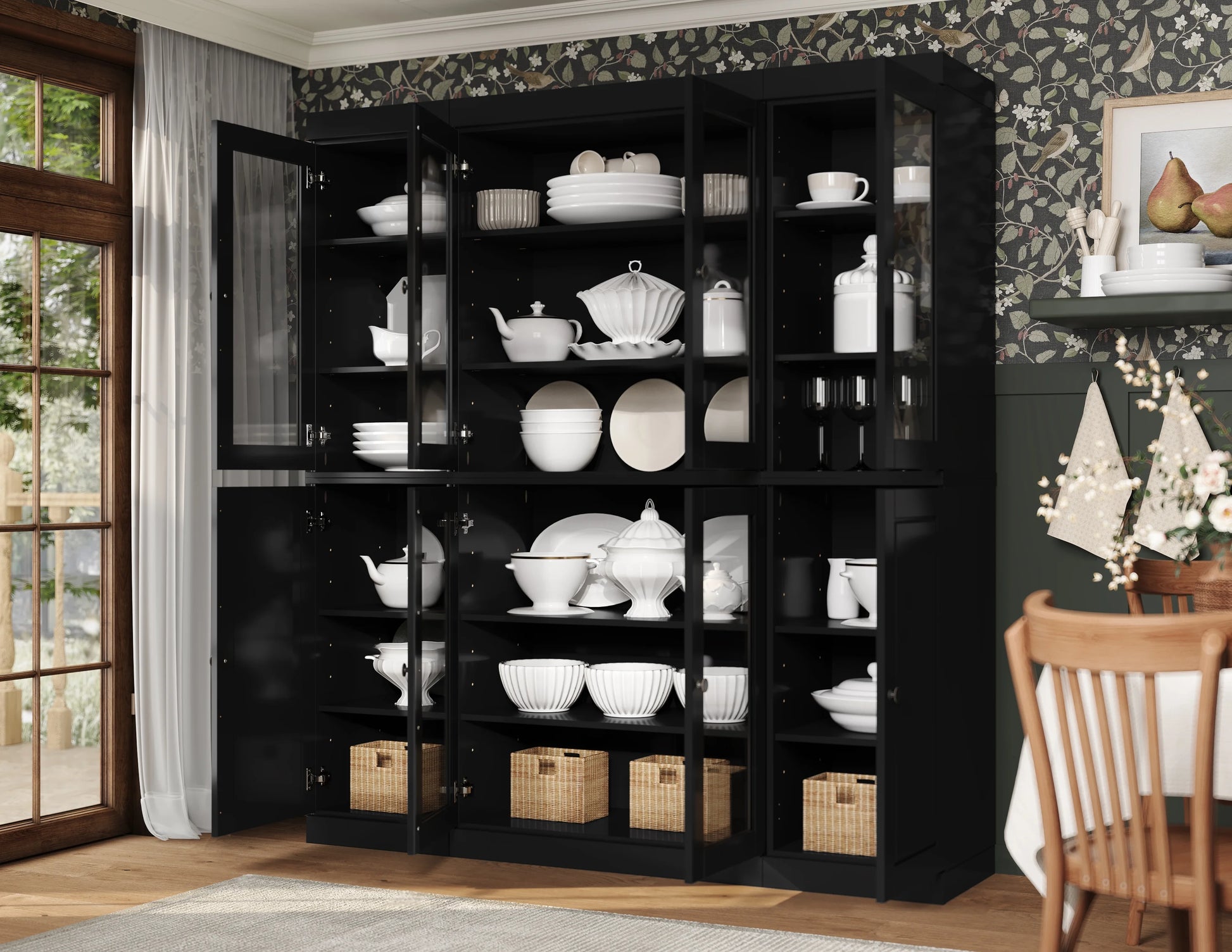 Palace Imports 100% Solid Wood Kitchen Pantry Storage Cabinet with Glass Doors and Adjustable Shelves, Black