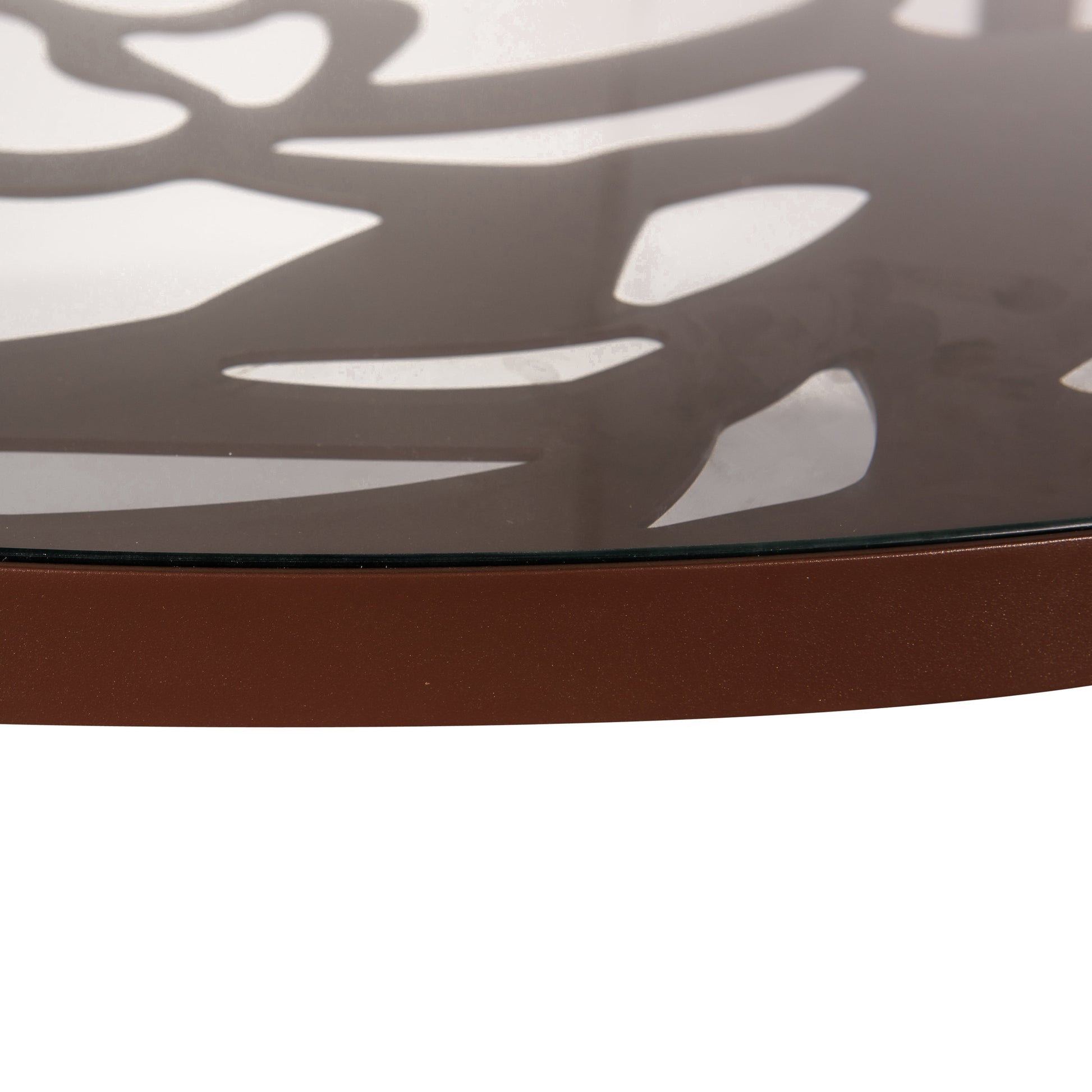 LeisureMod Dining Table in Aluminum with Tempered Glass Top and Floral Cutout Design Painted Finish Indoor and Outdoor Use for Modern Home, Patio, Backyard, Living Room Devon Collection in Brown