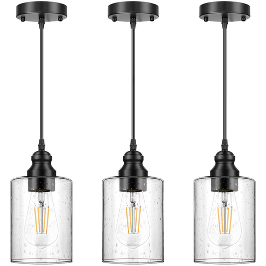 3 Pack Industrial Pendant Lights,Adjustable Hanging Light Fixtures,Seeded Glass Shade Pendant Lighting