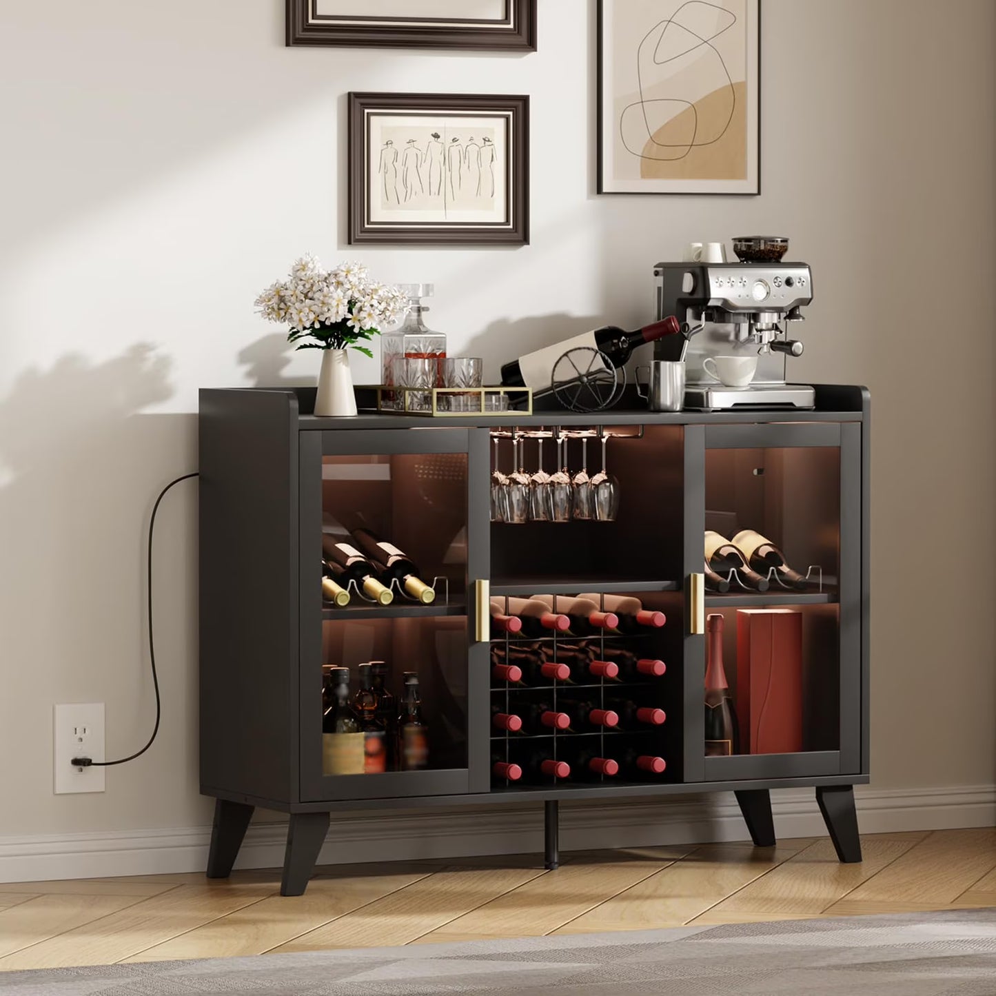 Ataucjin 47" Wine Bar Cabinet With LED Lights,Modern Liquor Cabinet With Wine Racks And Glass Holders,Home Coffee Bar Cabinet,Freestanding Kitchen Buffet Sideboard Storage Shelf For Living Dining Room