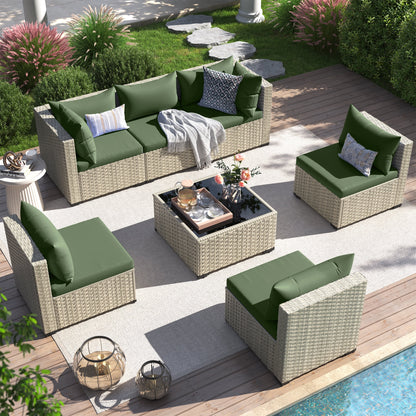 Techmilly 5 Pieces Patio Sectional Sofa PE Rattan Wicker Conversation Sets with Cushions and Glass Table(Green)