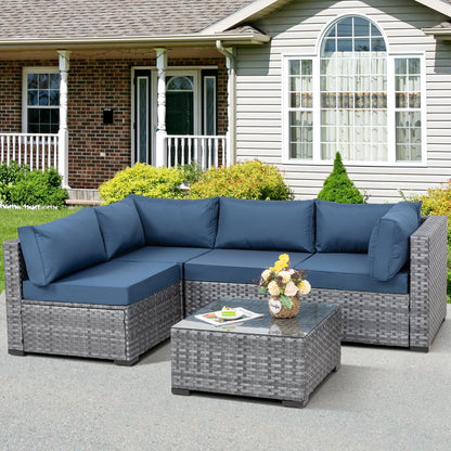 Walsunny 5 Pieces Patio Furniture Sets, Wicker Rattan Outdoor Sectional Sofa with Glass Table and Cushions Aegean Blue