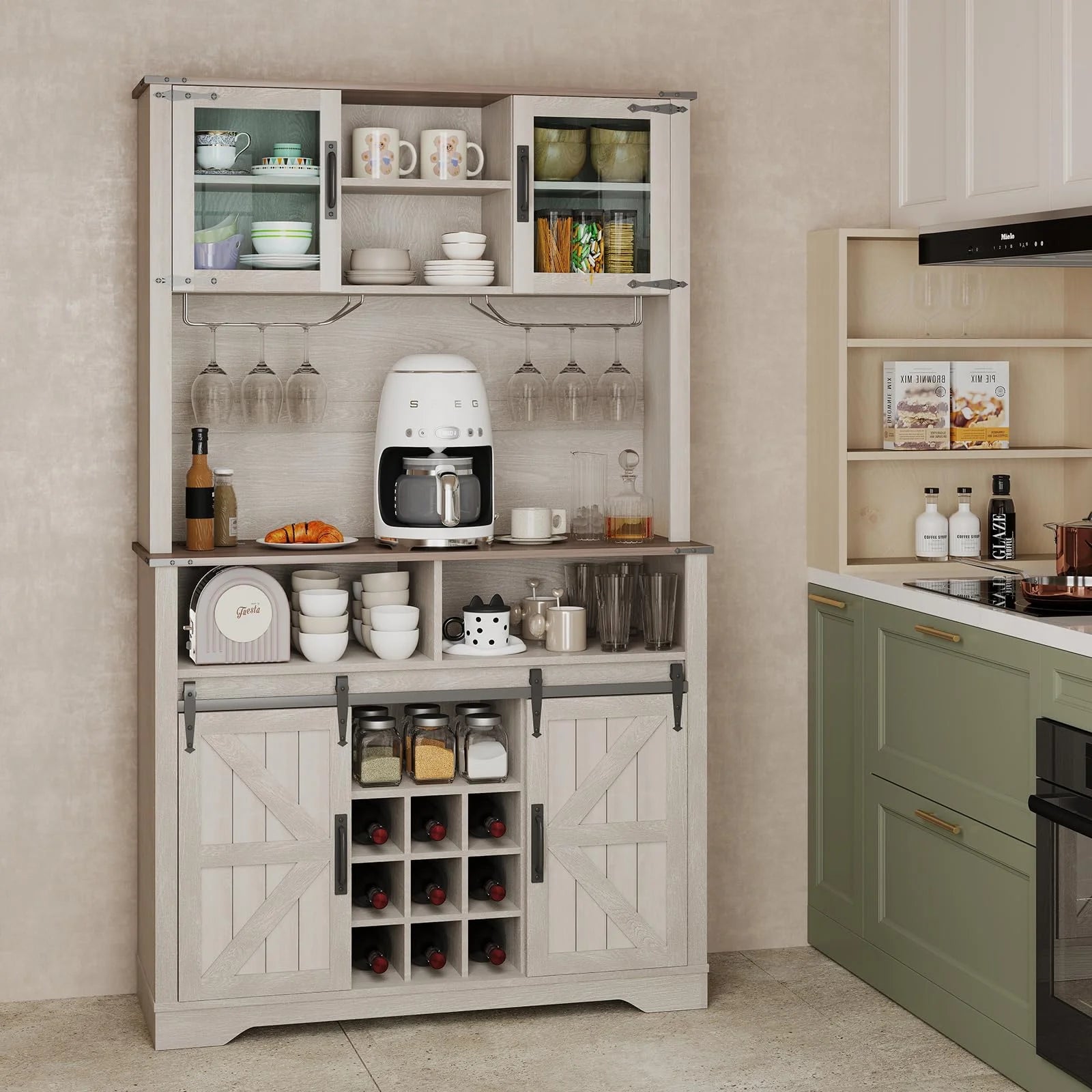 72" Farmhosue Coffee Bar Cabinet with Storage, Tall Kitchen Buffet with Hutch & Wine & Glasses Rack, Sliding Barn Door, Charging Station, RGB Lighting, 12 Storage Shelves, Sideboard Table