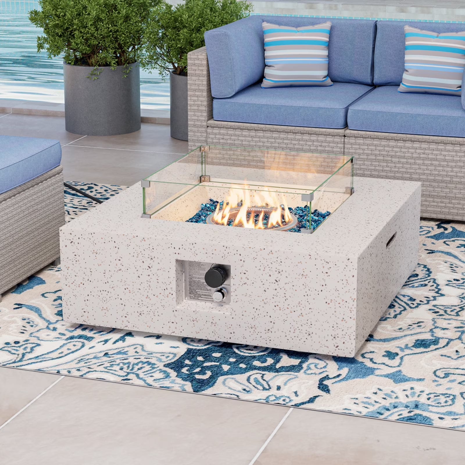 COSIEST 35" Square Concrete Fire Pit Table with Fire Glass & Wind Guard