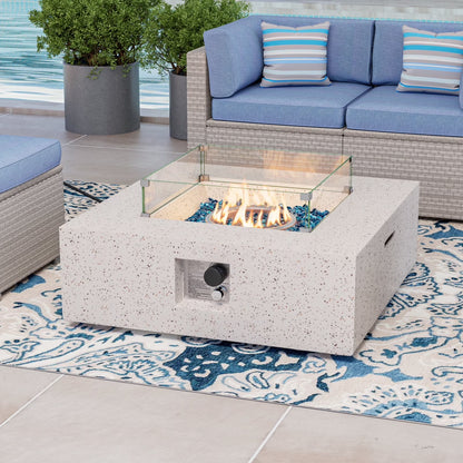 COSIEST 35" Square Concrete Fire Pit Table with Fire Glass & Wind Guard