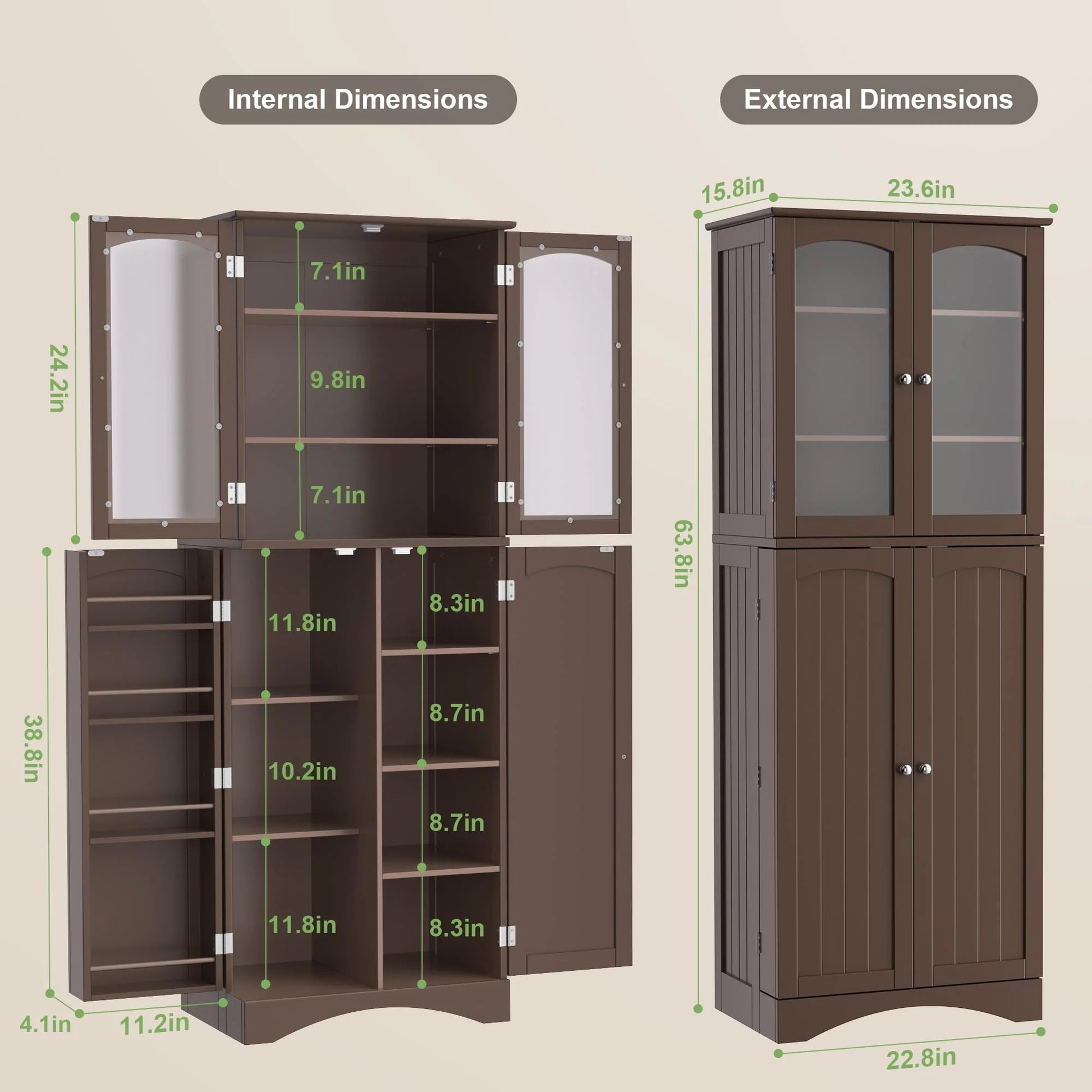 Kitchen Cabinet, Lofka 64" Kitchen Pantry Storage Cabinet with Frosted Glass Doors and 14 Shelves, Dark Brown
