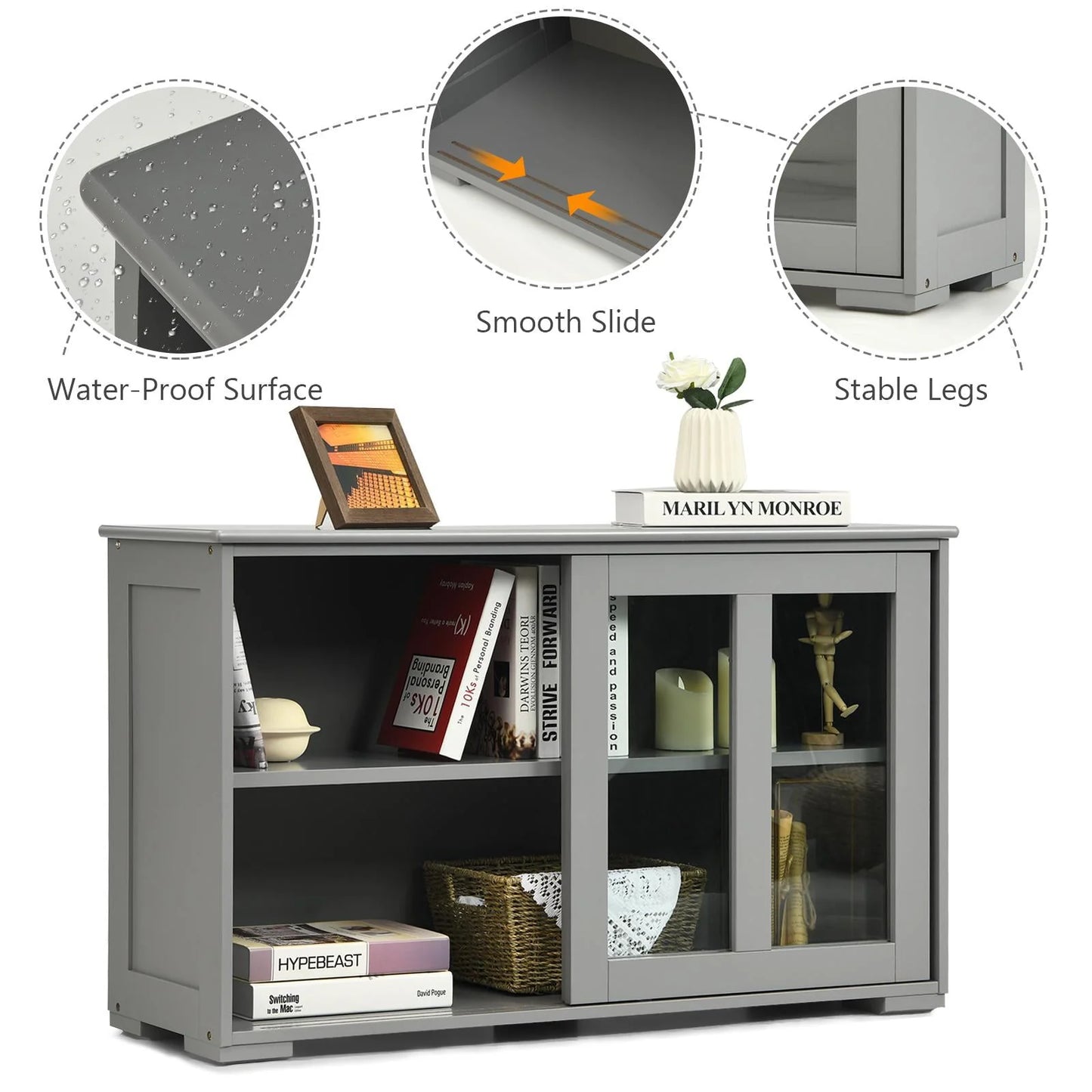 Giantex Stackable Buffet Cabinet, Kitchen Storage Cabinet with Sliding Tempered Glass Doors, Small Sideboard for Kitchen, Dining Room or Living Room, Grey