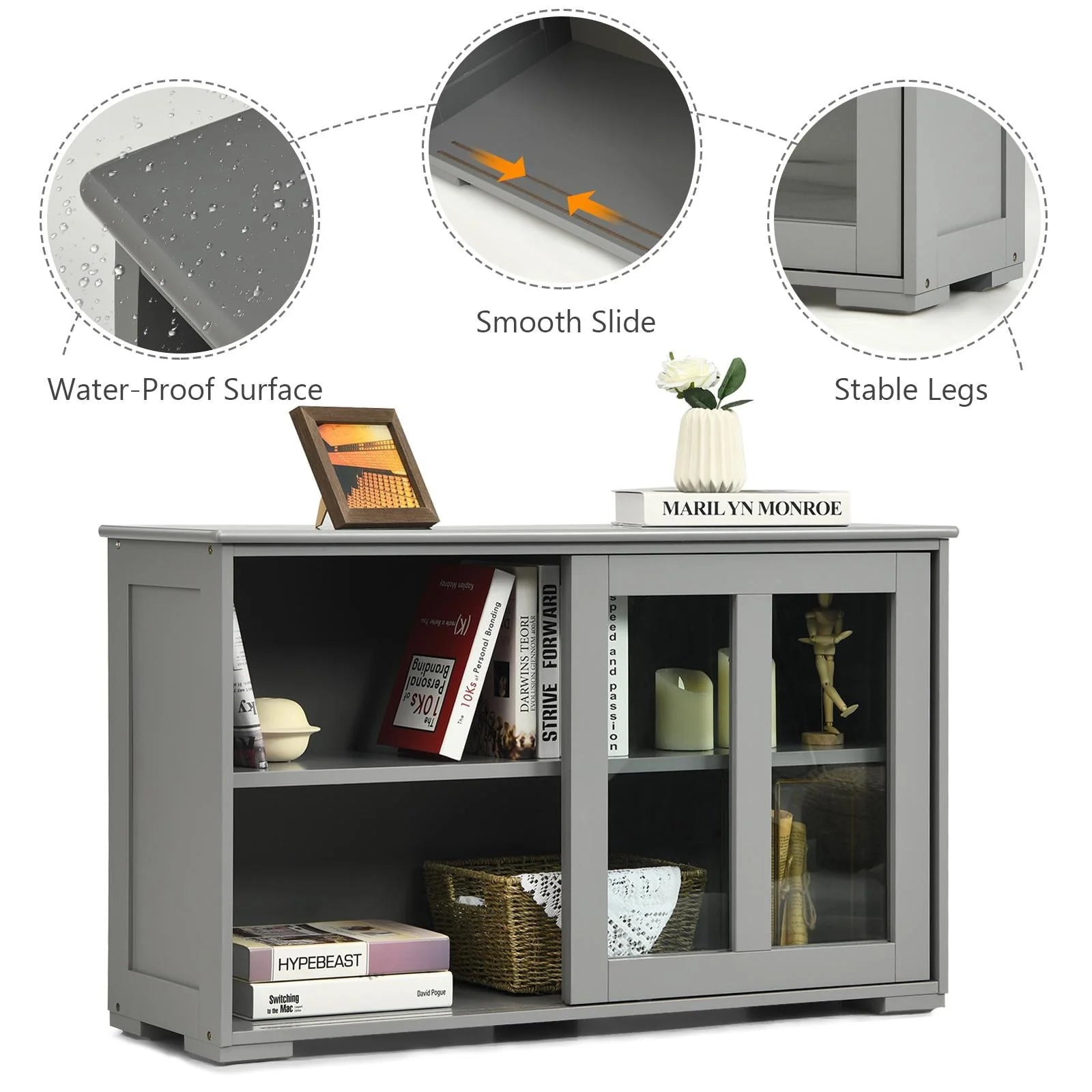 Giantex Stackable Buffet Cabinet, Kitchen Storage Cabinet with Sliding Tempered Glass Doors, Small Sideboard for Kitchen, Dining Room or Living Room, Grey