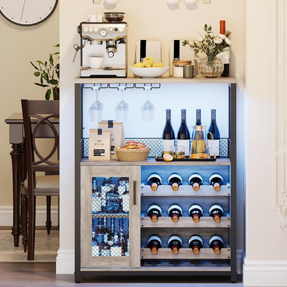 Wine Bar Cabinet, Liquor Storage Cabinet with Detachable Wine Rack, Small Coffee Bar with Glass Holder & Mesh Door, Buffet Sideboard for Dining Room, Kitchen, Living Room, Grey