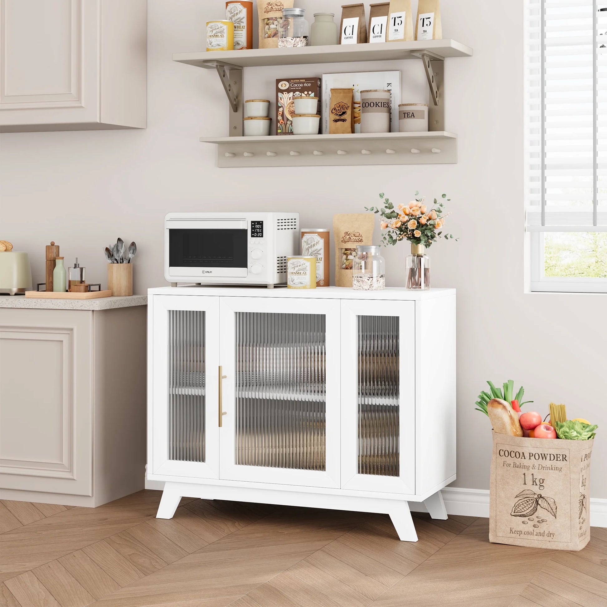 Modern Sideboard Buffet Cabinet with Fluted Glass Doors, 36'' Storage Cabinet with Adjustable Shelf, Wooden Coffee Cabinet, Accent Cabinet for Kitchen, Living Room