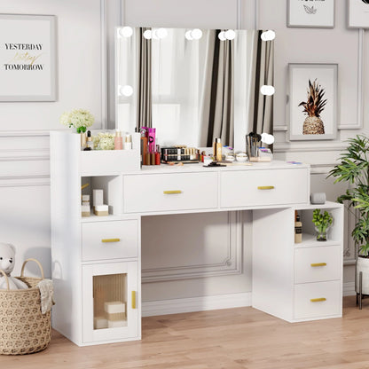 VIVISPECIAL Vanity Set with Lighted Mirror, Makeup Vanity with 3 Lighting Options and Charging Station, Large Vanity Desk with Storage Shelves, 5 Drawers, Glass Cabinet