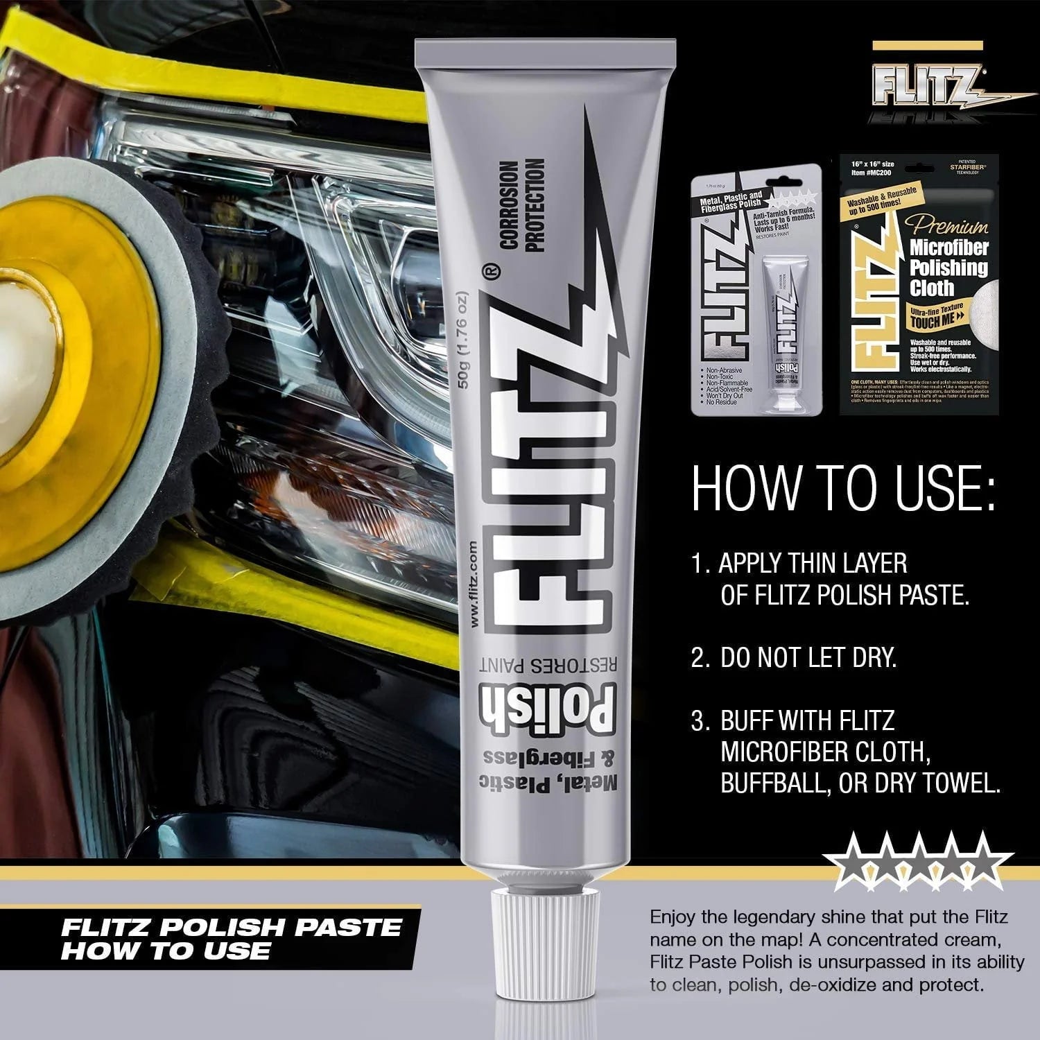 Flitz Multi-Purpose Polish and Cleaner Paste for Metal, Plastic, Fiberglass, Aluminum, Jewelry, Sterling Silver: Great for Headlight Restoration + Rust Remover, Made in the USA