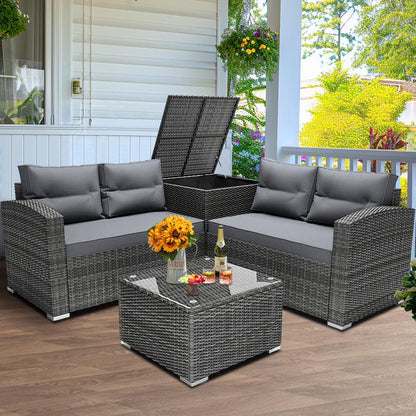 Rattan Patio Sofa Set, 4 Pieces Outdoor Sectional Furniture Set, All-Weather PE Rattan Wicker Patio Conversation Set, Cushioned Sofa Set with Glass Table for Patio Garden Poolside Deck