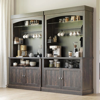 GarveeHome 72" Tall Coffee Bar Cabinet with LED Lights, Farmhouse Buffet Cabinet with Storage, Kitchen Sideboard with Microwave Stand, Wine Rack, and Glass Shelf for Dining Room, Dark Oak