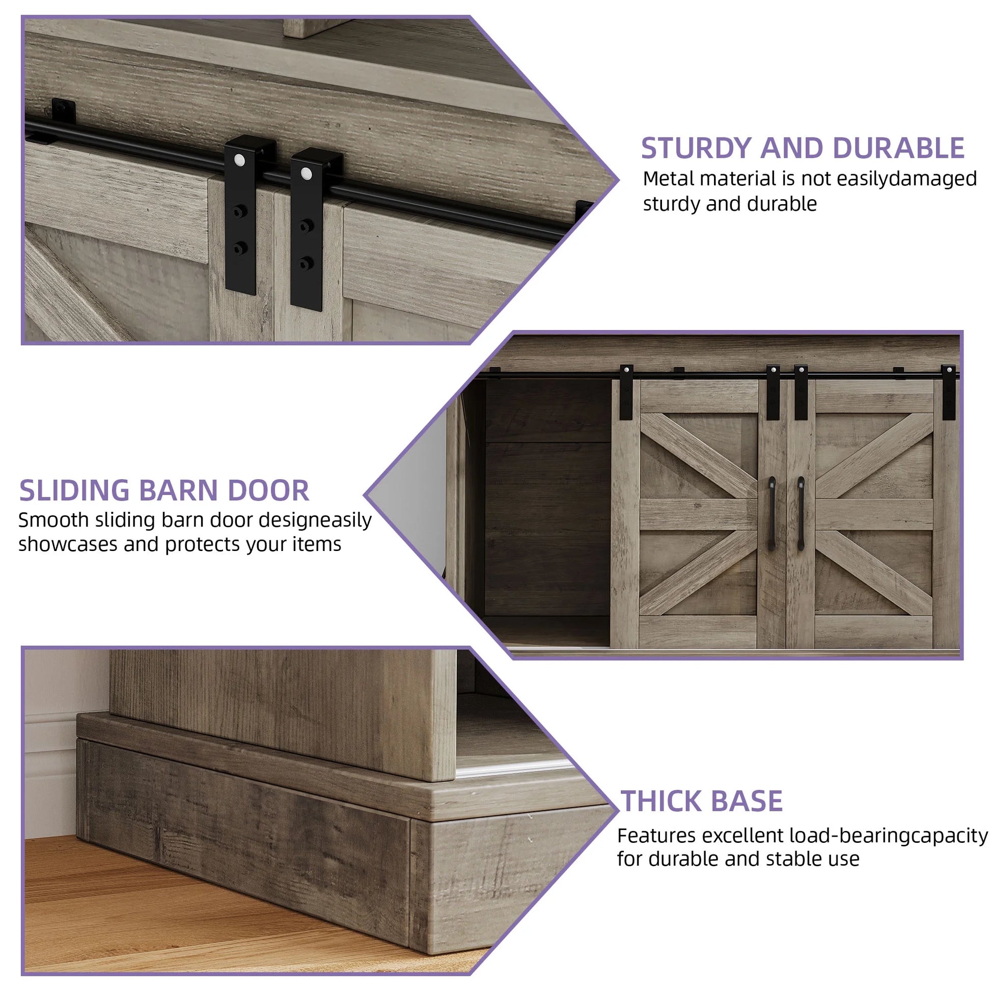 Uforic 52" Farmhouse Coffee Bar Cabinet, Barn Door, Wine Glass Rack, USB Ports & Hooks, Washed Gray