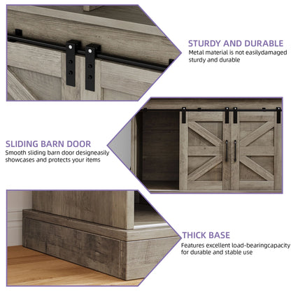 Uforic 52" Farmhouse Coffee Bar Cabinet, Barn Door, Wine Glass Rack, USB Ports & Hooks, Washed Gray