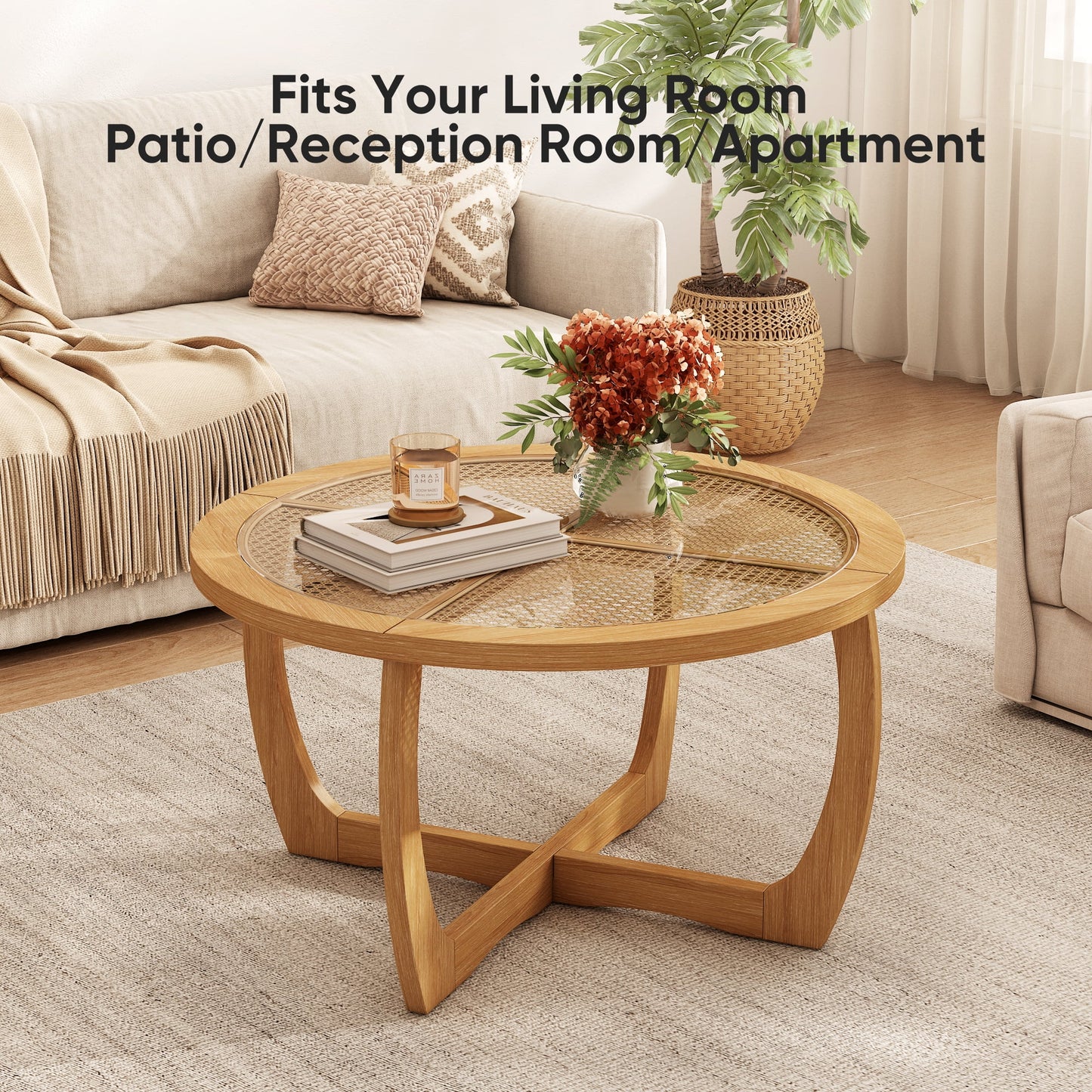Round Wood Coffee Table with Glass Rattan Top, Wooden Circle Center Table with Curved Legs & Removeable Tempered Glasstop, Cocktail Table for Living Room, Light Brown 32.28" x 18.15"