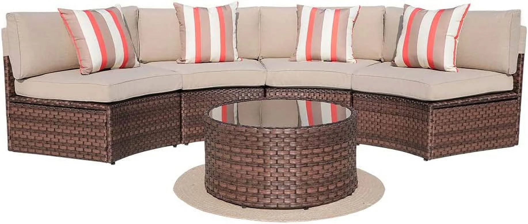 Outdoor Sectional Sofa Set, Half-moon Furniture with Cover, Patio PE Wicker Set with Beige Cushions & Tempered Glass Coffee Table, 5-Piece