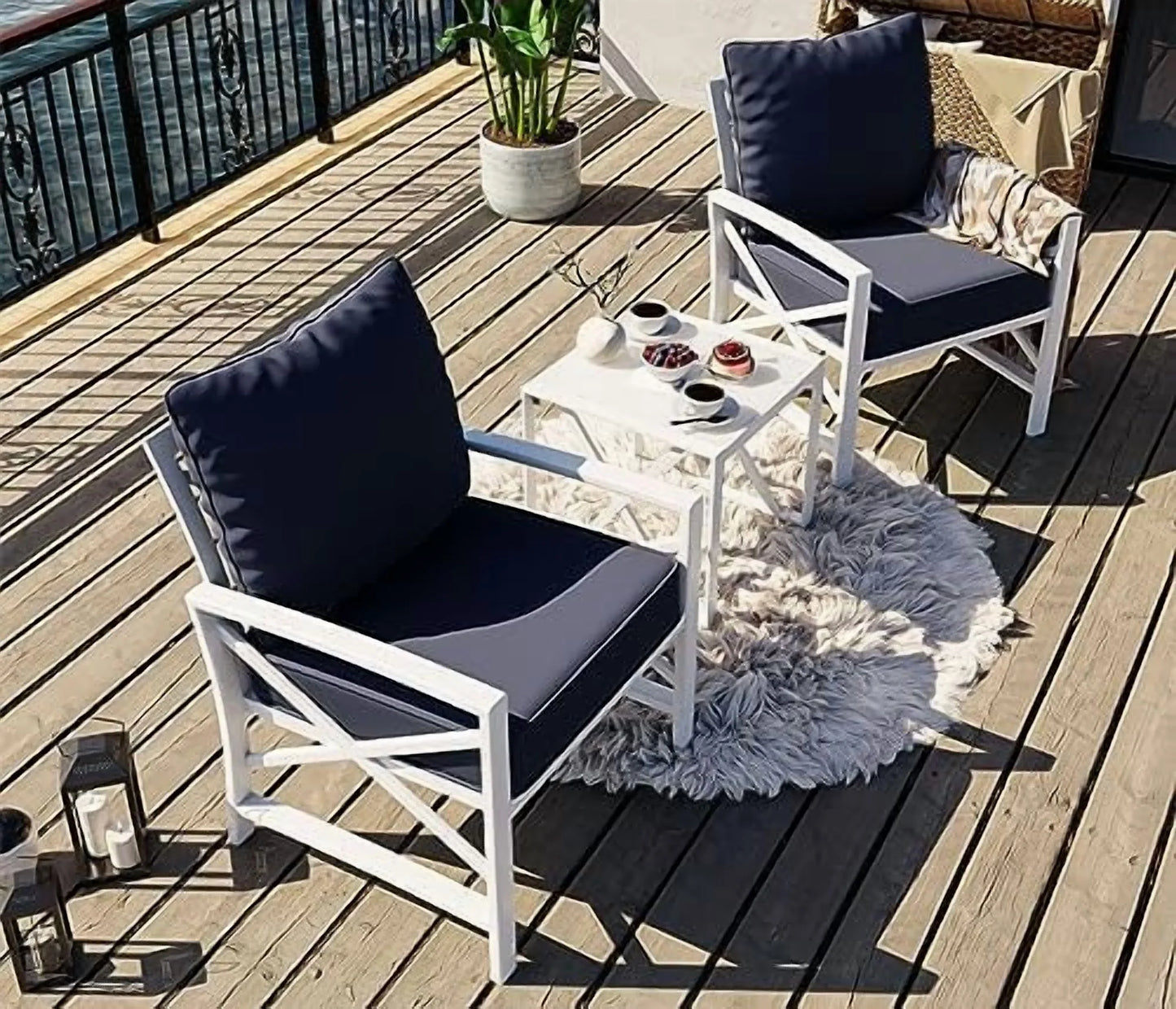 SUNLEI 3 Pcs Patio Outdoor Furniture Set, Porch Chairs Conversation Sets with Glass Coffee Table, Outside Metal Sofa Set for Garden, Balcony, Poolside, Backyard, Blue