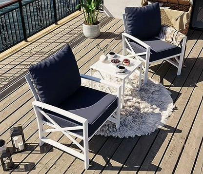 SUNLEI 3 Pcs Patio Outdoor Furniture Set, Porch Chairs Conversation Sets with Glass Coffee Table, Outside Metal Sofa Set for Garden, Balcony, Poolside, Backyard, Blue