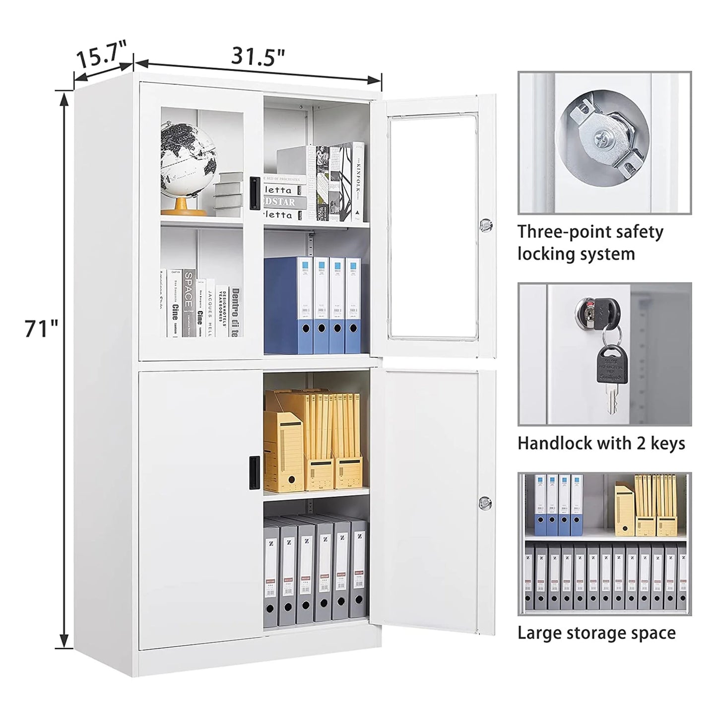 STANI Metal Cabinet with Lock, Tall Office Storage Cabinet with Glass Door, Lockable Black Steel Cabinet with 2 Adjustable Shelves for Home, Clinic, Pantry, Basement