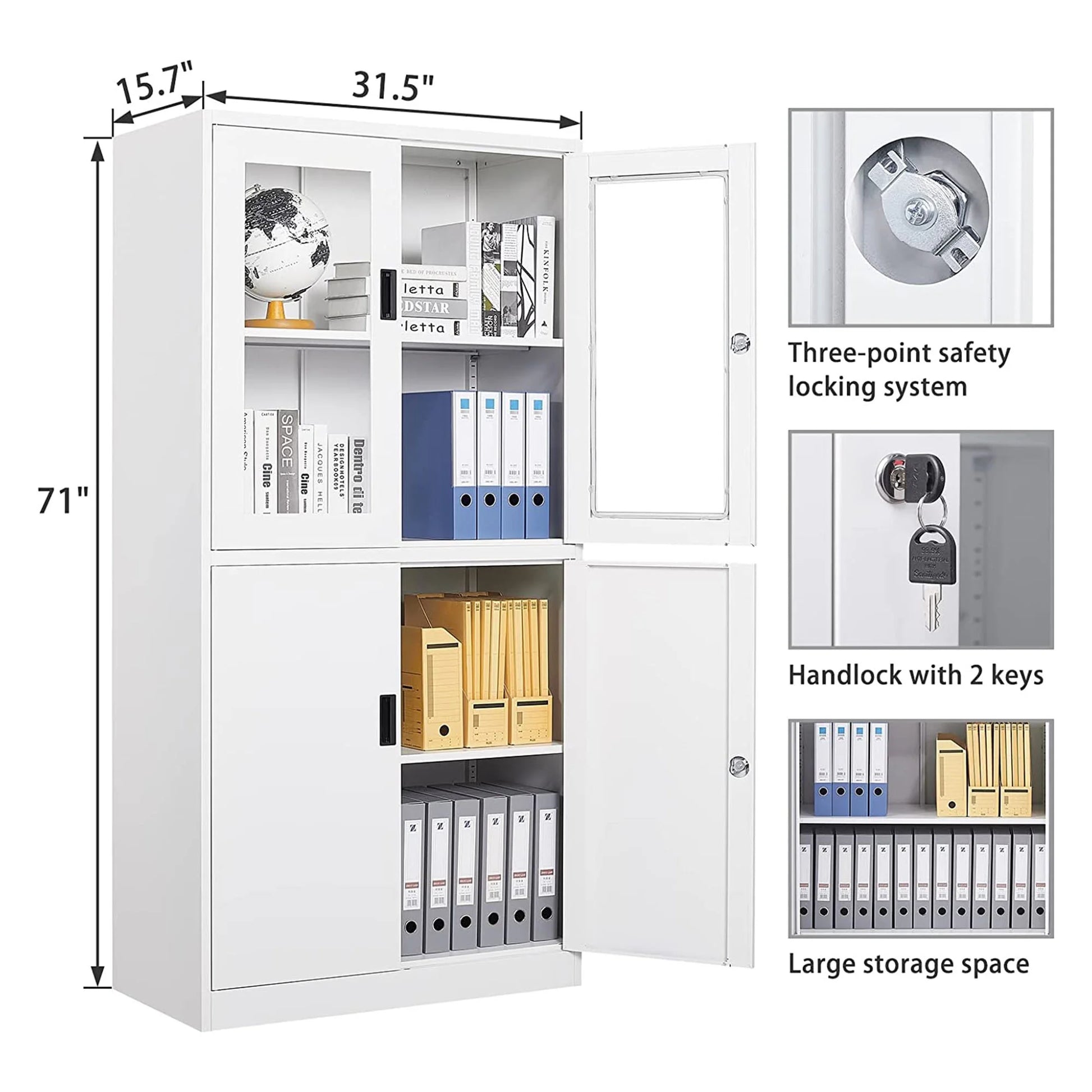 STANI Metal Cabinet with Lock, Tall Office Storage Cabinet with Glass Door, Lockable Black Steel Cabinet with 2 Adjustable Shelves for Home, Clinic, Pantry, Basement