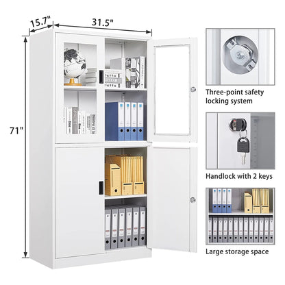 STANI Metal Cabinet with Lock, Tall Office Storage Cabinet with Glass Door, Lockable Black Steel Cabinet with 2 Adjustable Shelves for Home, Clinic, Pantry, Basement