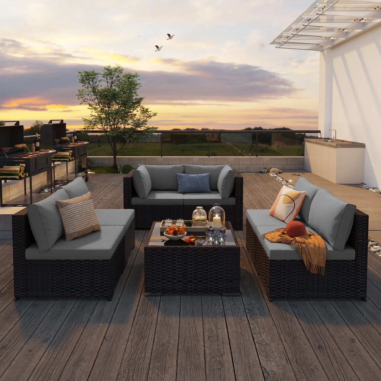 7 Pieces Outdoor Patio Furniture Set, Lofka PE Rattan Sectional Sofa with Tempered Glass Coffee Table & All-Weather Cushions, Patio Conversation Set for Garden, Poolside (Grey)
