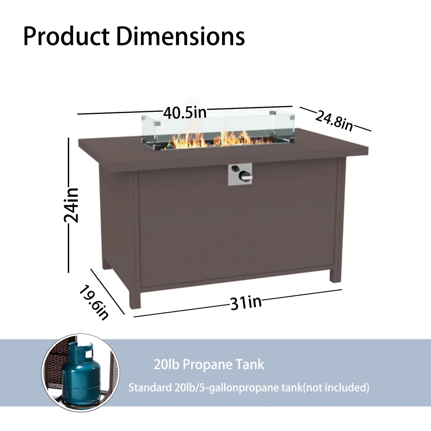Wallowsun Outdoor Metal Fire Pit Table,40.5-inch Rectangle Red Brown Fire Pit Outdoor Companion,60000 BTU Auto-Ignition w Glass Wind Guard,Internal 20lb Propane Tank, Dust Cover