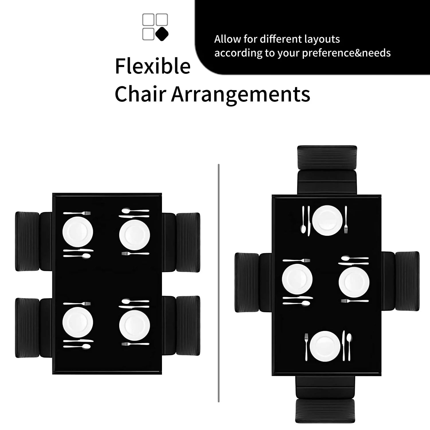Dining Table Set for 4, 5 Piece Kitchen Table and Chairs with Black Tempered Glass Table Top and 4 Black Faux Leather Metal Frame Chairs,47.2" x 27.5" x 29.5"
