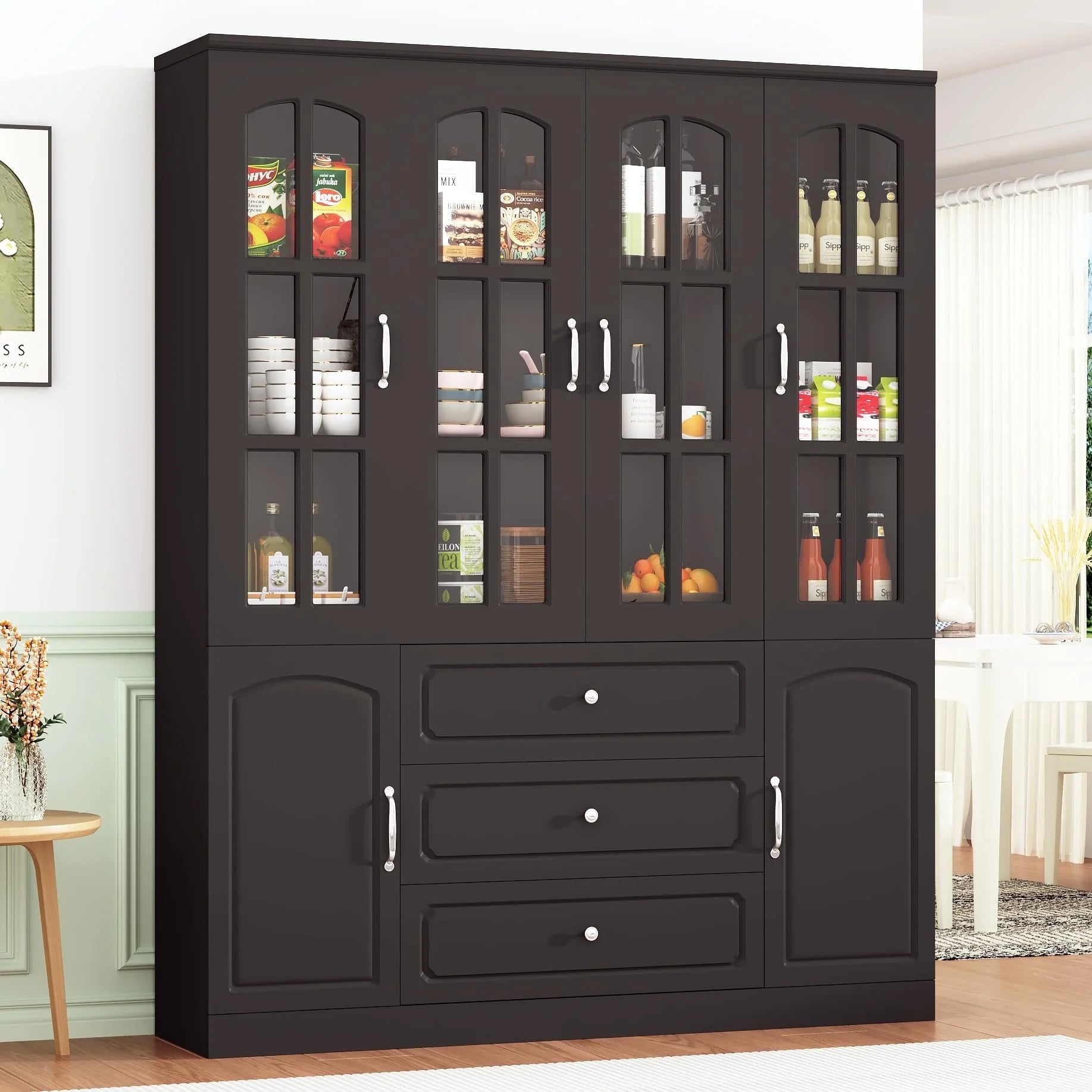 Blotout 78.7" Tall Kitchen Pantry Cabinet with 2 Glass Doors, Large Drawer Storage Cabinet with Shelves, Freestanding Storage Cabinet for Dining Room and Living Room