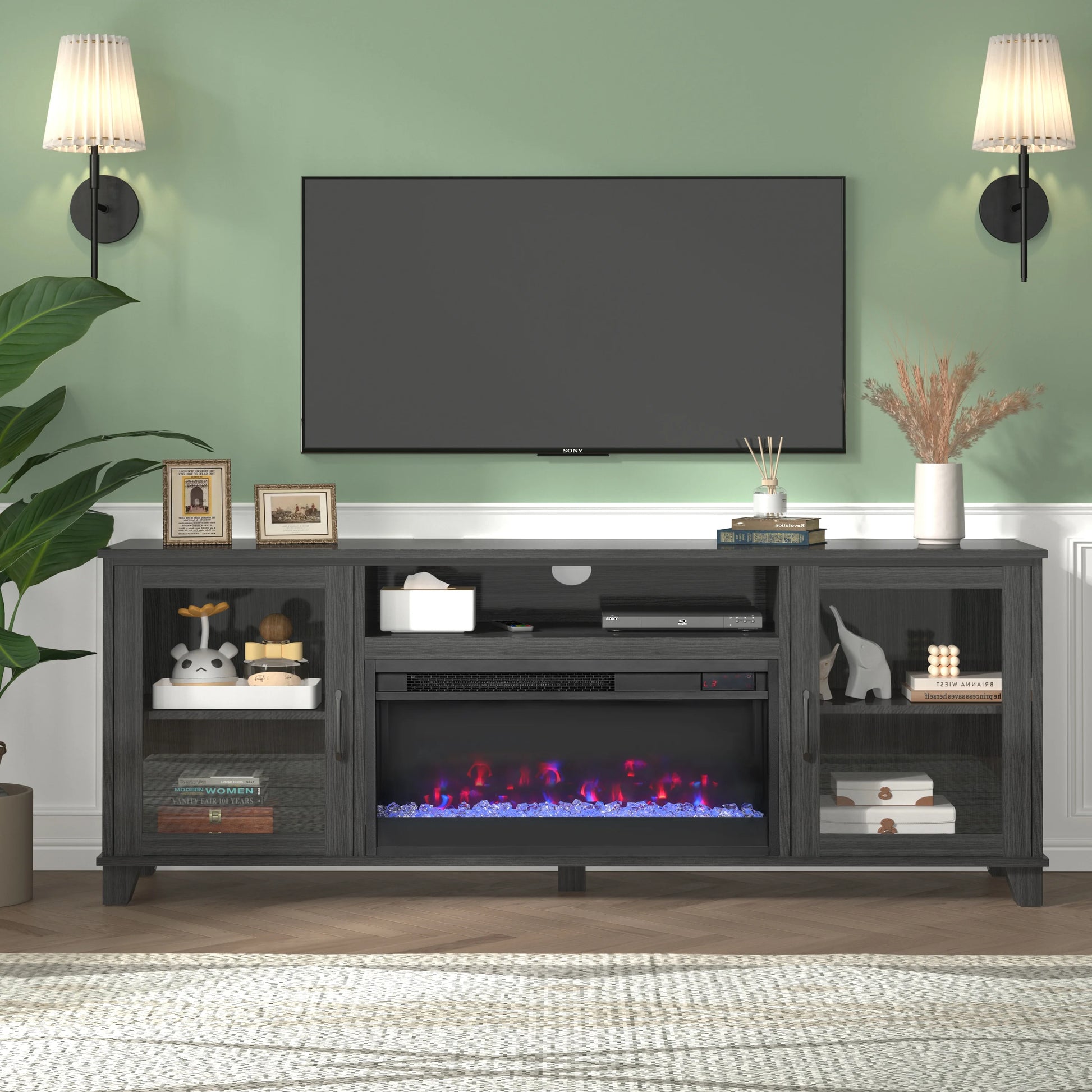 Fireplace TV Stand for 60 inch TV, Modern Entertainment Center With Glass Fireplace, Electric Fireplace TV Cabinet for Living Room, with Remote Control Fireplace, Black
