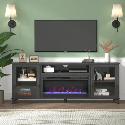 Fireplace TV Stand for 60 inch TV, Modern Entertainment Center With Glass Fireplace, Electric Fireplace TV Cabinet for Living Room, with Remote Control Fireplace, Black