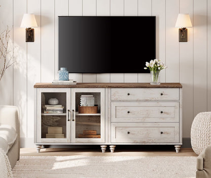 TV Stand for 75-Inch TVs, Wooden TV Cabinet Entertainment Center Television Stands for Living Room, 2-in-1 Sideboard Buffet Cabinet with Glass Door & Drawer for Kitchen, Rustic White