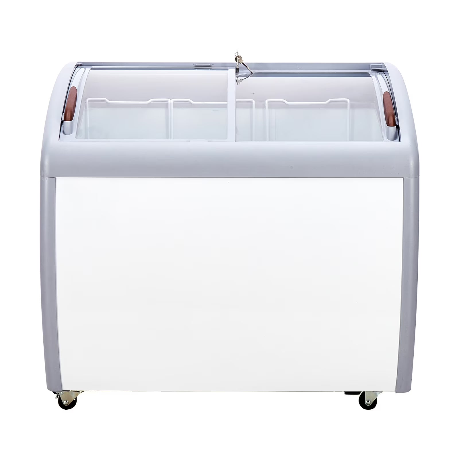 KFFKFF Professional Ice Cream Showcase, 9.3 Cubic Feet Storage Freezer, Portable Transparent Lid Deep Freezer, Eatery Sorbet Serving Cabinet,3 Metal Baskets, Dual Slide Glass Doors, Lockable Wheels