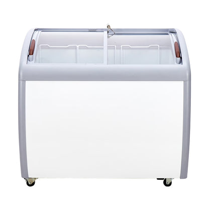 KFFKFF Professional Ice Cream Showcase, 9.3 Cubic Feet Storage Freezer, Portable Transparent Lid Deep Freezer, Eatery Sorbet Serving Cabinet,3 Metal Baskets, Dual Slide Glass Doors, Lockable Wheels