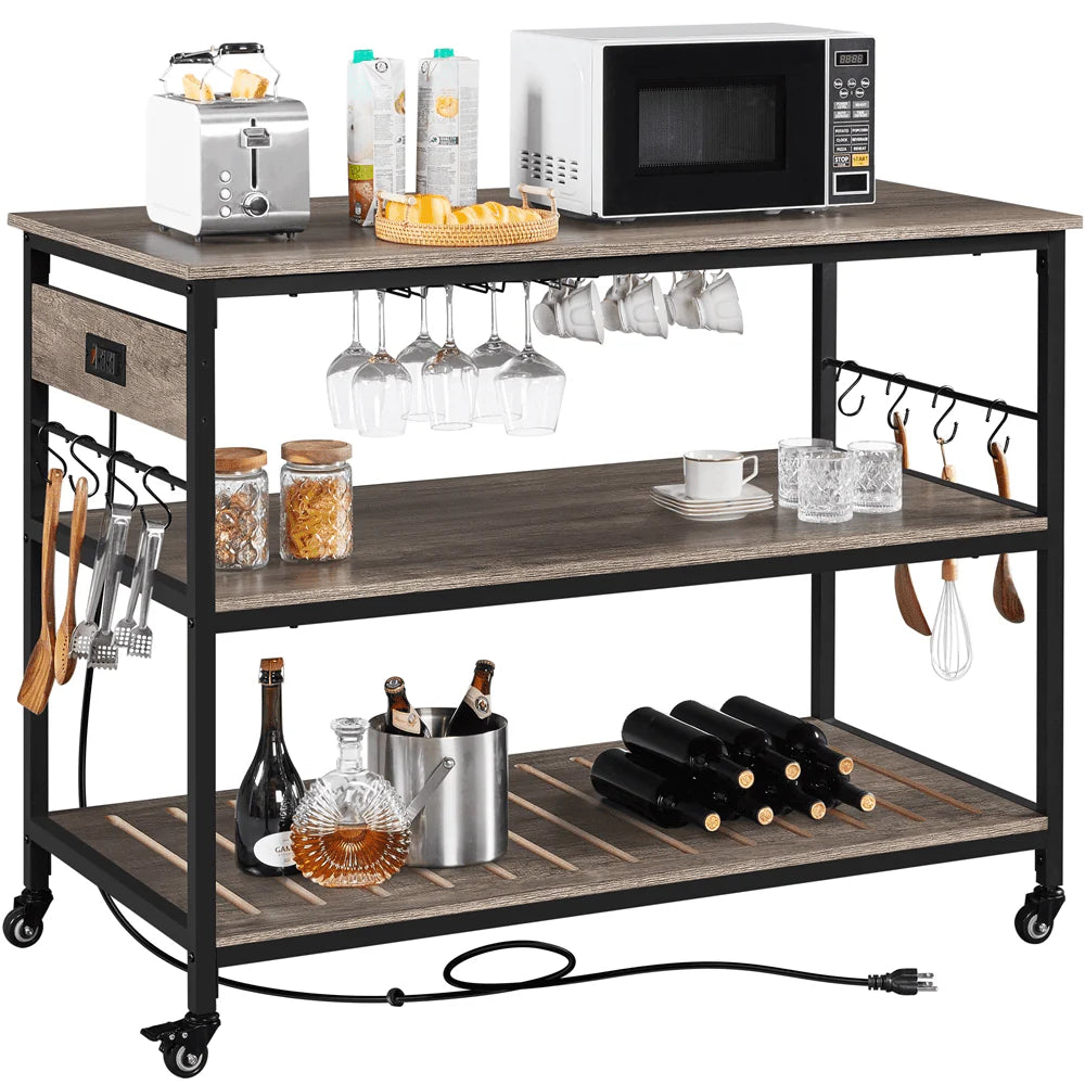 Topeakmart 3-Tier Rolling Kitchen Cart with Glass Holder and Power Outlets for Kitchen, Taupe Wood