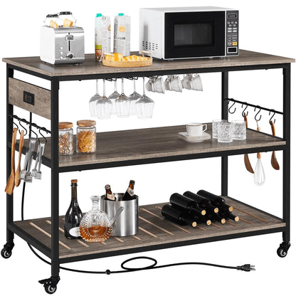 Topeakmart 3-Tier Rolling Kitchen Cart with Glass Holder and Power Outlets for Kitchen, Taupe Wood