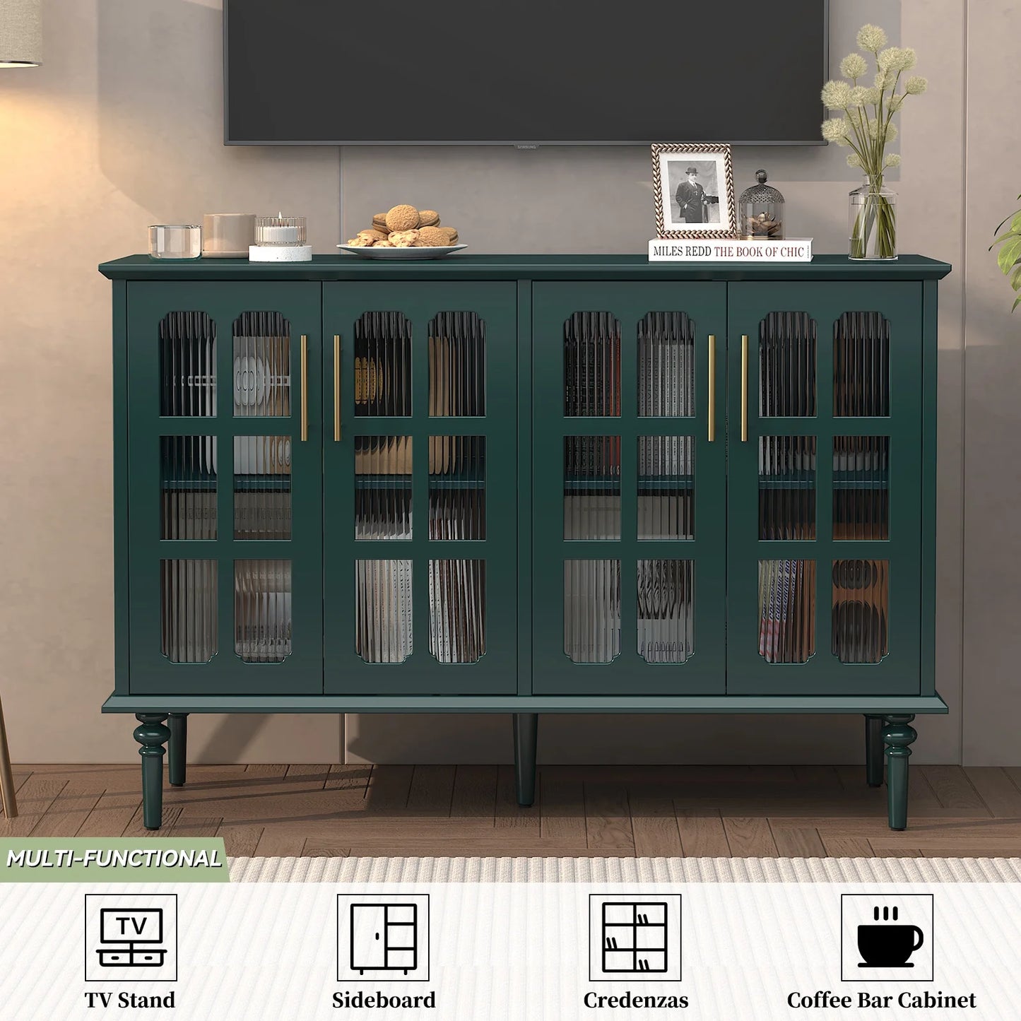 HLR 47.6" Modern Vintage Sideboards Buffet Cabinet with 4 Lattice Glass Door, Green