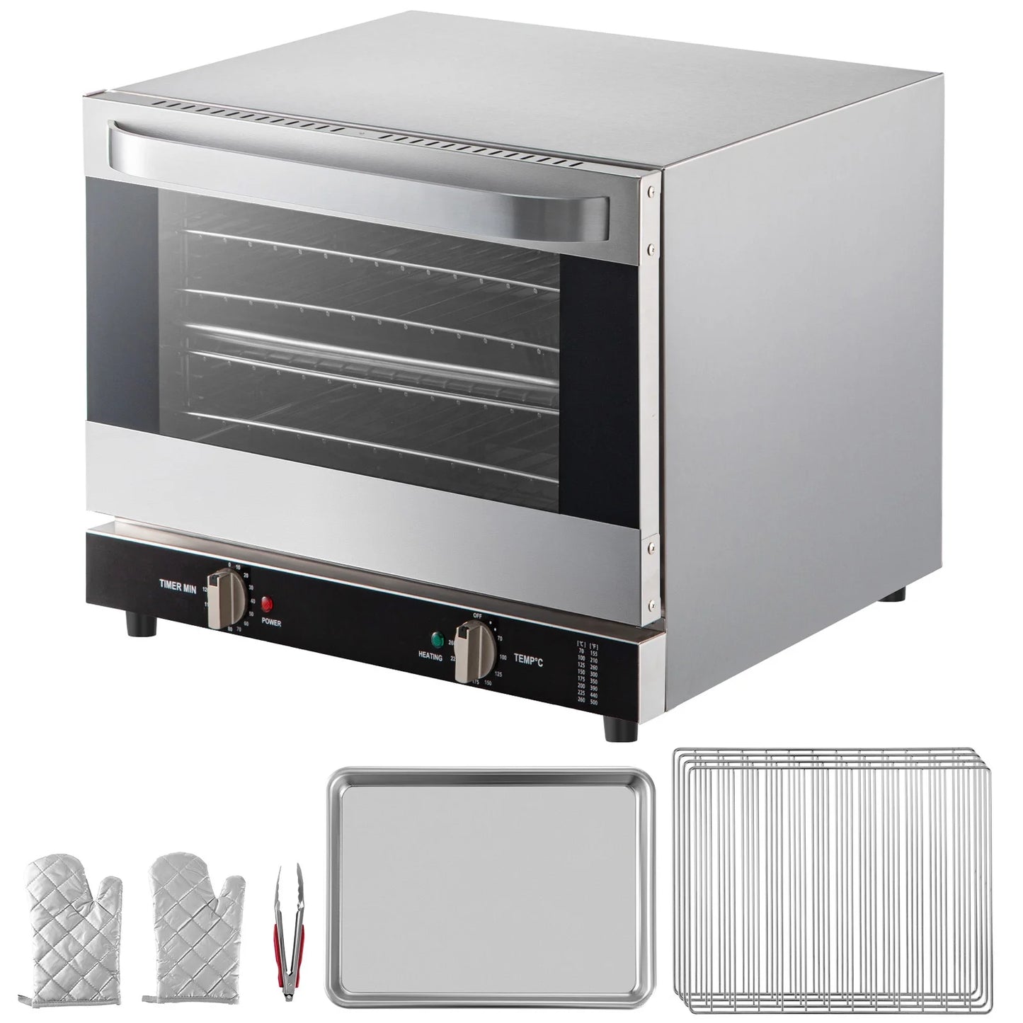 KFFKFF Commercial Convection Oven, 66L/60Qt, Half-Size Conventional Oven Countertop, 1800W 4-Tier Toaster with Front Glass Door, Electric Baking Oven with Trays Wire Racks Clip Gloves, 120V
