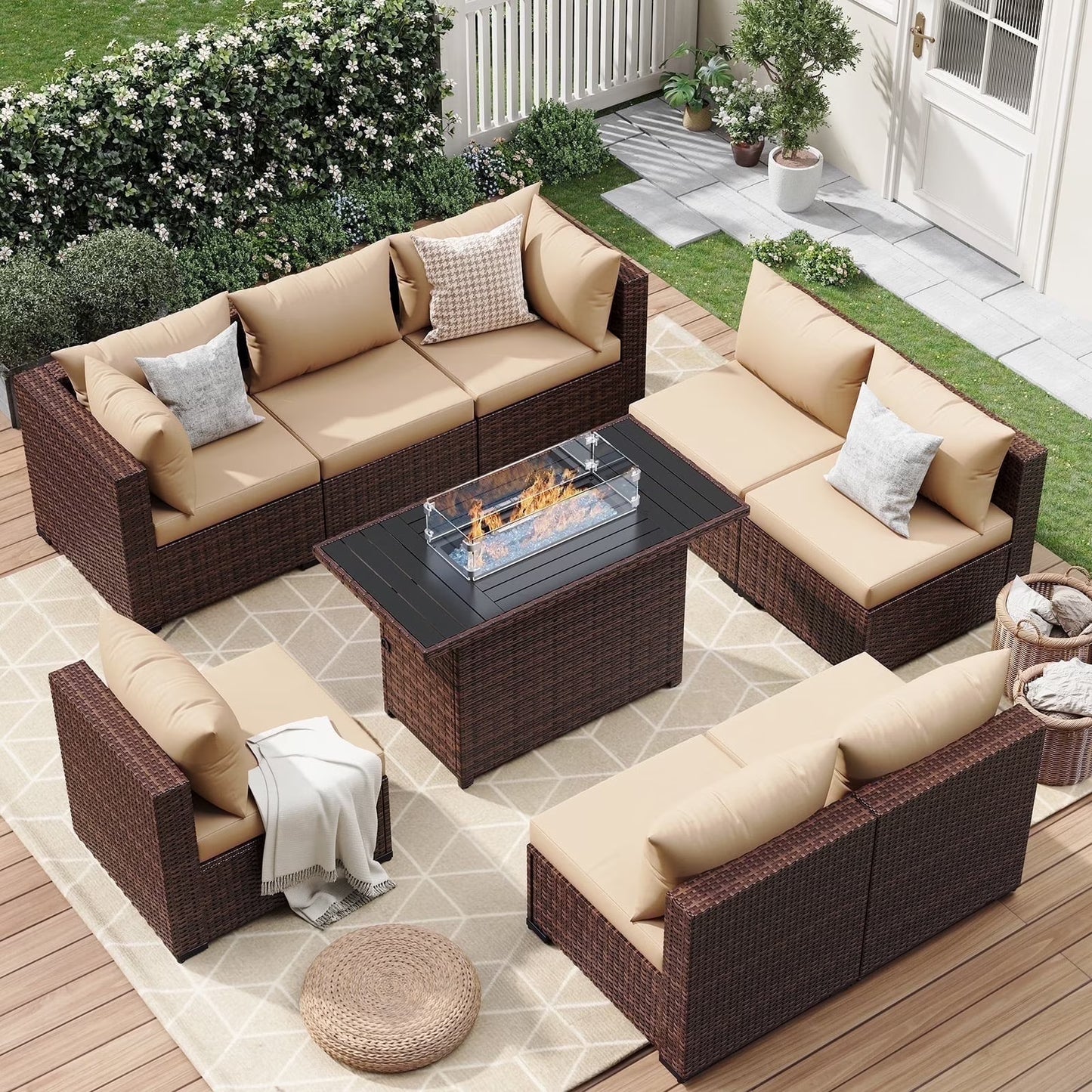 ELPOSUN 7 Pieces Patio Furniture Set All Weather Outdoor Sectional Sofa, Outdoor Modern Sectional Furniture Wicker Couch with Glass Coffee Table, Thicken Red Cushions, Water Resistant