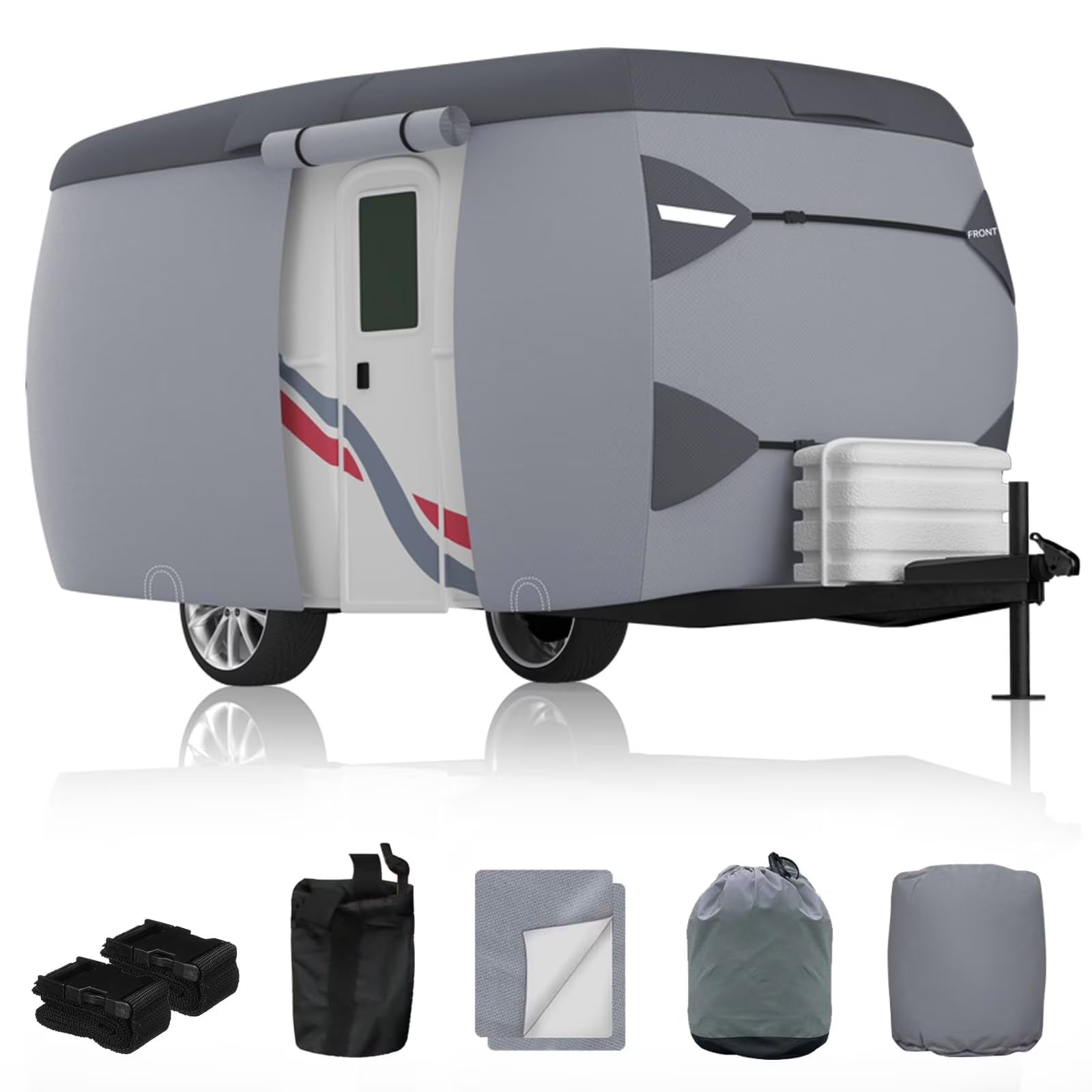 Fiberglass Travel Trailer Cover for 8'-10' 80" Wide Camper Cover 7 Layers Top RV Cover Windproof Strap Adhesive Repair Patches